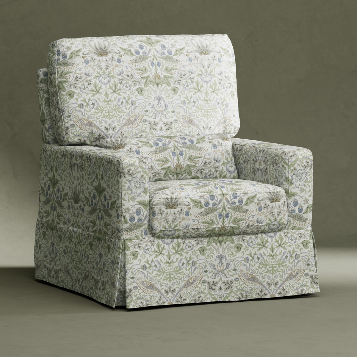 M21787TTFT,Namesake,Morris & Co. x Namesake Crawford Swivel Glider in Strawberry Thief in Fig & Thyme