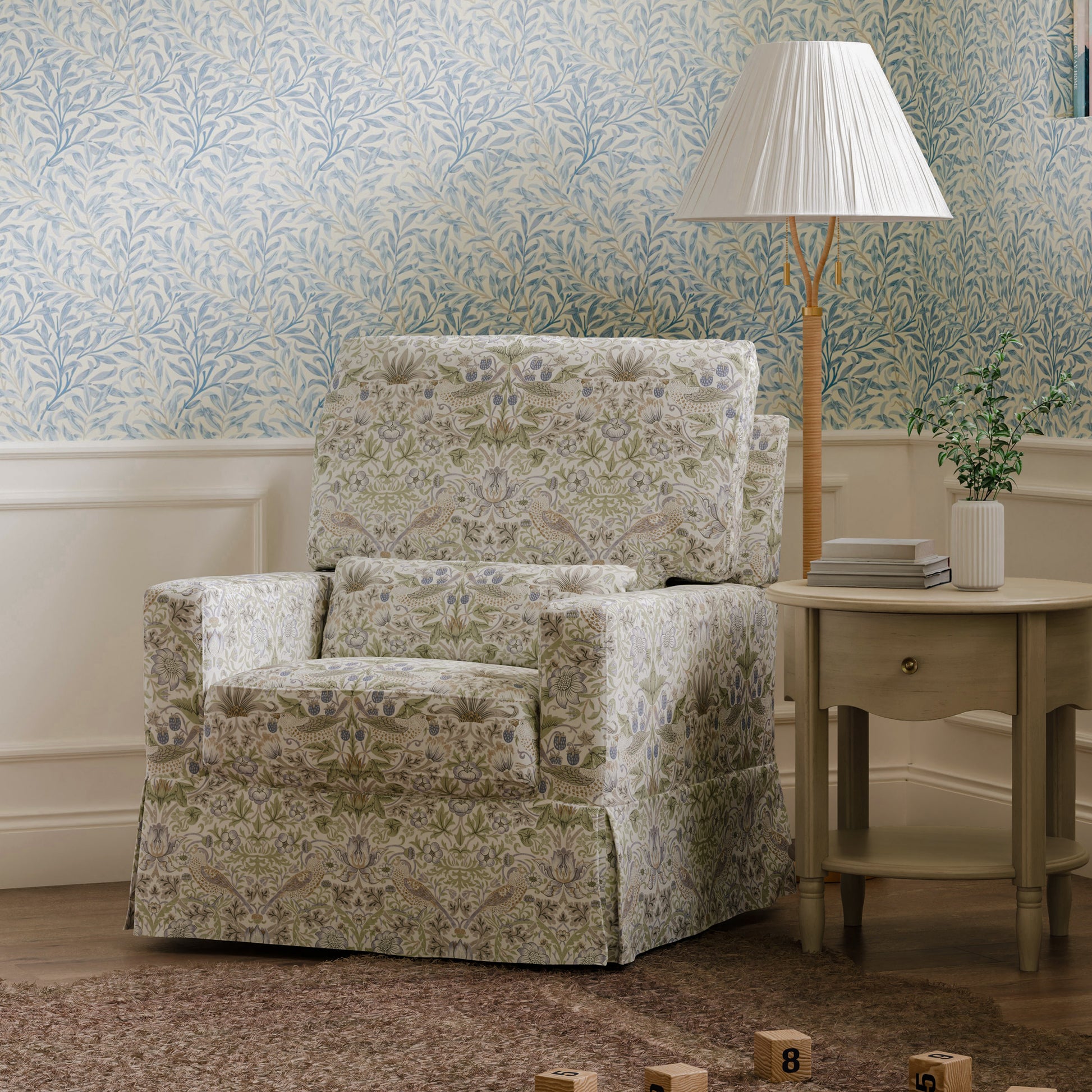 M21787TTFT,Namesake,Morris & Co. x Namesake Crawford Swivel Glider in Strawberry Thief in Fig & Thyme