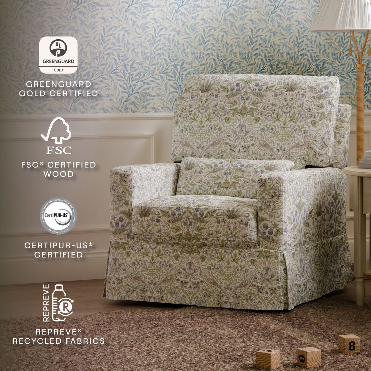 M21787TTFT,Namesake,Morris & Co. x Namesake Crawford Swivel Glider in Strawberry Thief in Fig & Thyme