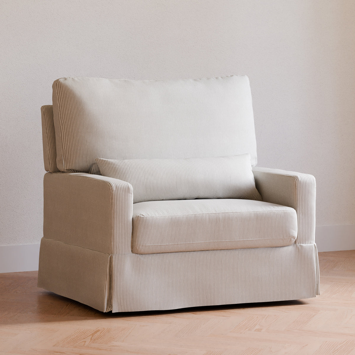 M21797FCS,Namesake,Crawford Chair and a Half Pillowback Swivel Glider in Fog Chatham Stripe Performance Eco-Weave