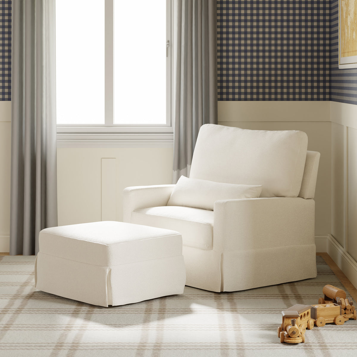 M21797PCMEW,Namesake,Crawford Chair and a Half Pillowback Swivel Glider in Performance Cream Eco Weave