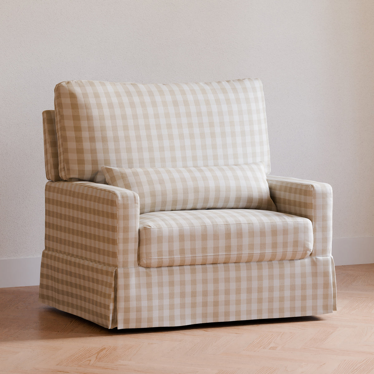 M21797TGH,Namesake,Crawford Chair and a Half Pillowback Swivel Glider in Tan Gingham
