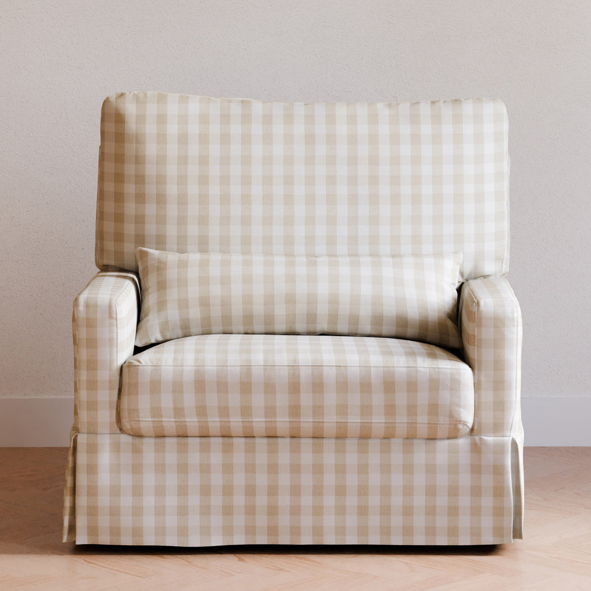 M21797TGH,Namesake,Crawford Chair and a Half Pillowback Swivel Glider in Tan Gingham