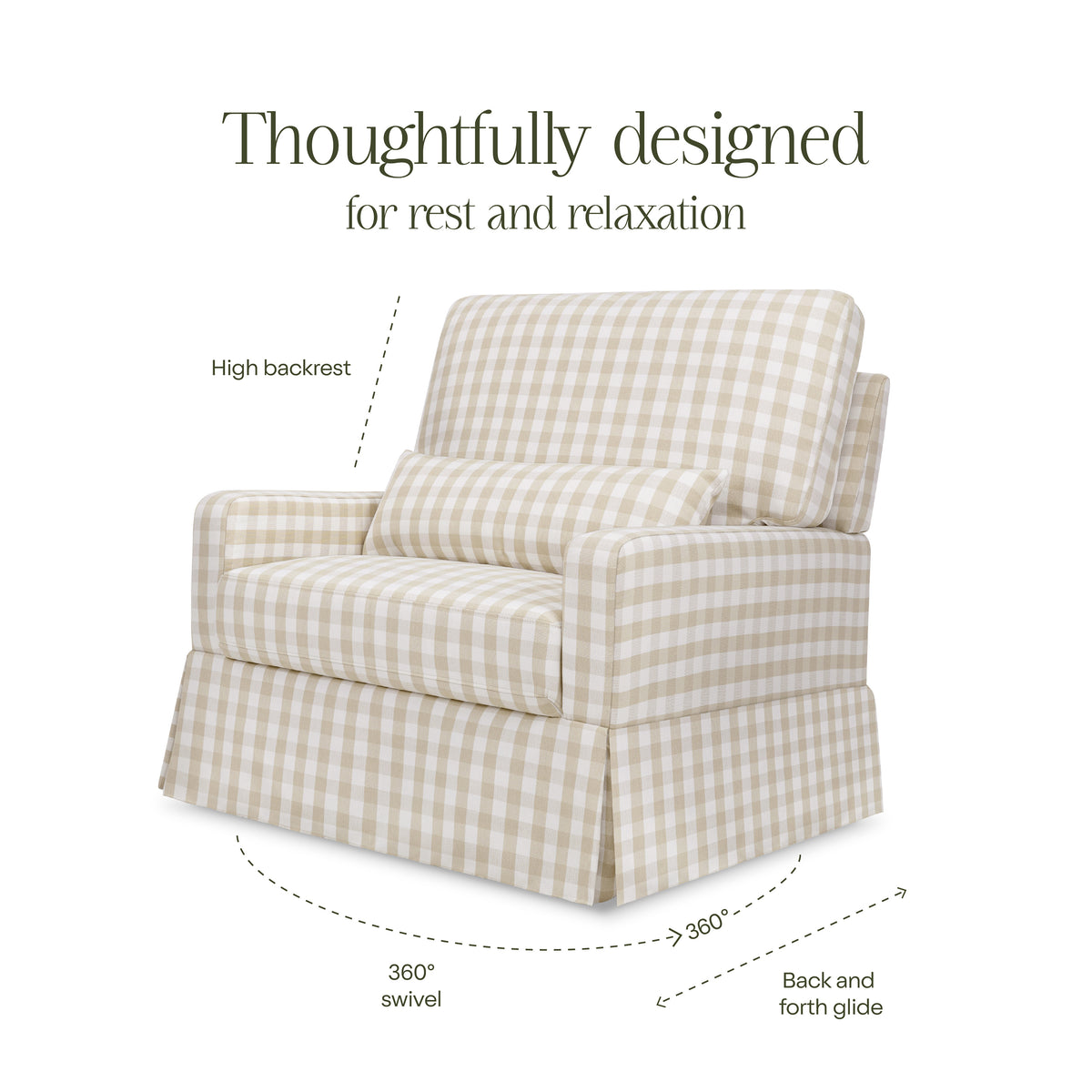 M21797TGH,Namesake,Crawford Chair and a Half Pillowback Swivel Glider in Tan Gingham