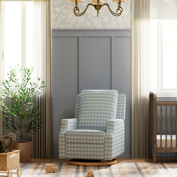 M22286BGHLB,Namesake,Crewe Electronic Swivel Glider Recliner in Blue Gingham with Light Wood Base