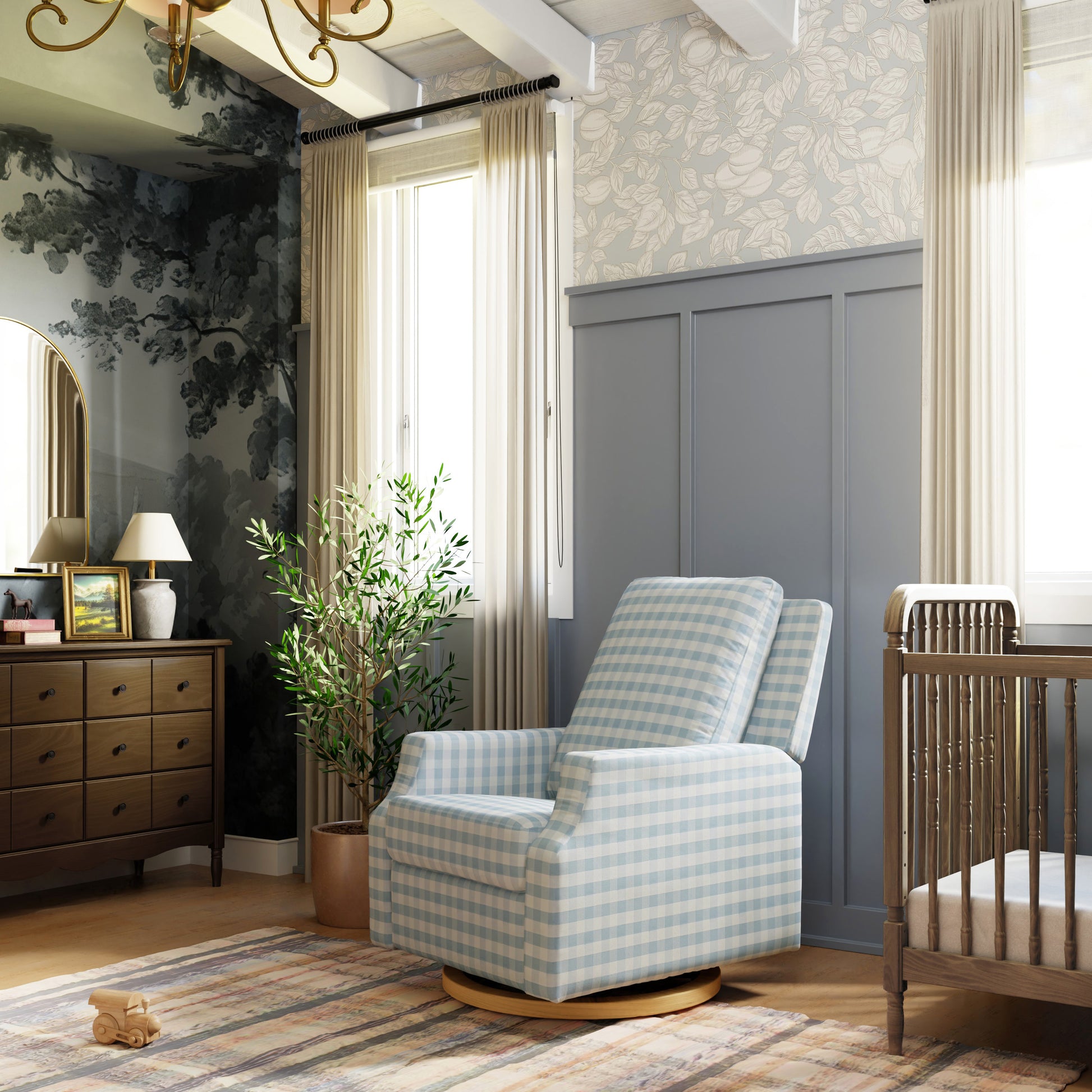 M22286BGHLB,Namesake,Crewe Electronic Swivel Glider Recliner in Blue Gingham with Light Wood Base