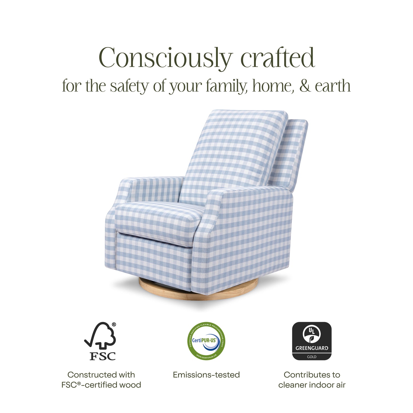 M22286BGHLB,Namesake,Crewe Electronic Swivel Glider Recliner in Blue Gingham with Light Wood Base