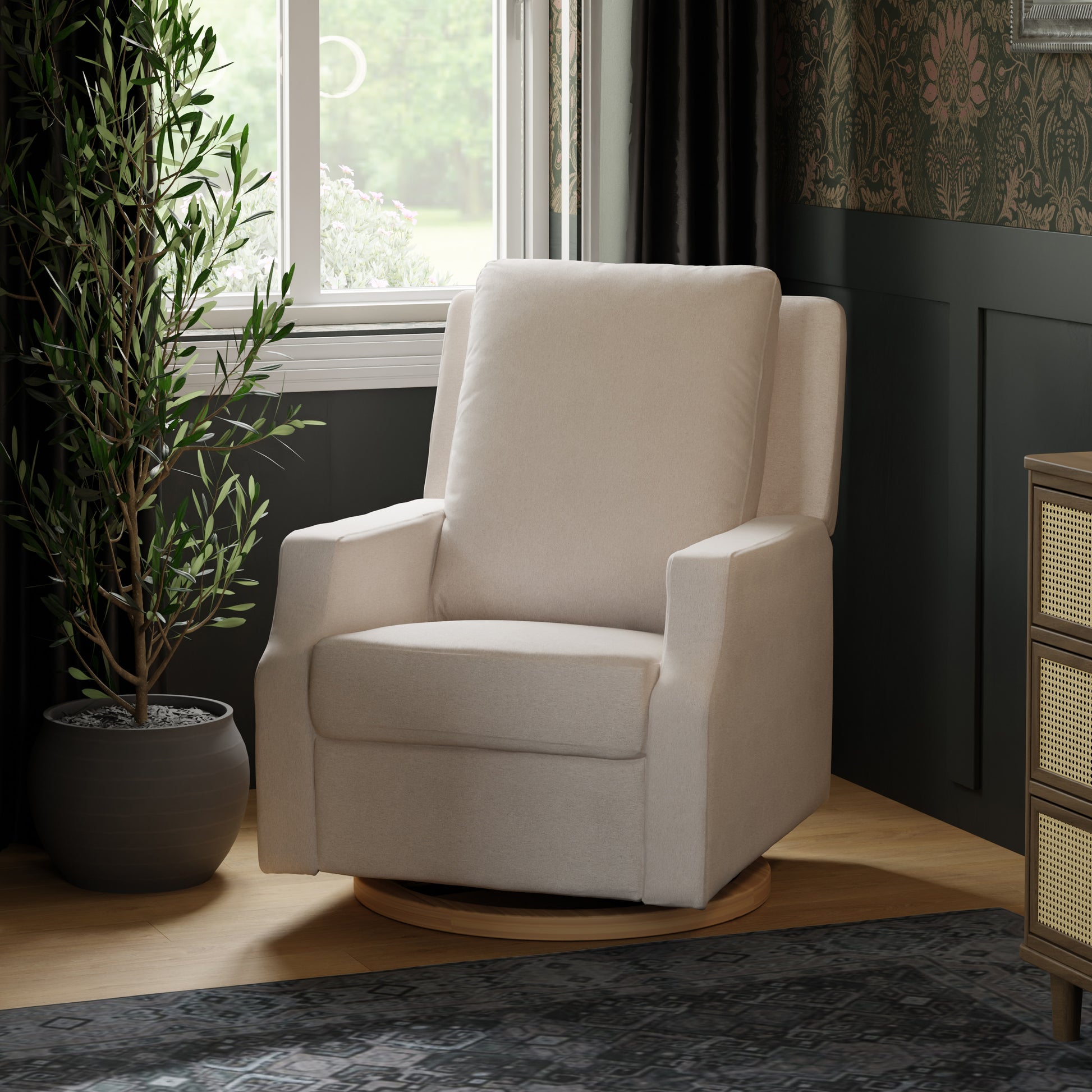 M22286PCMEWLB,Namesake,Crewe Electronic Swivel Glider Recliner in Performance Cream Eco-Weave w/Light Wood Base