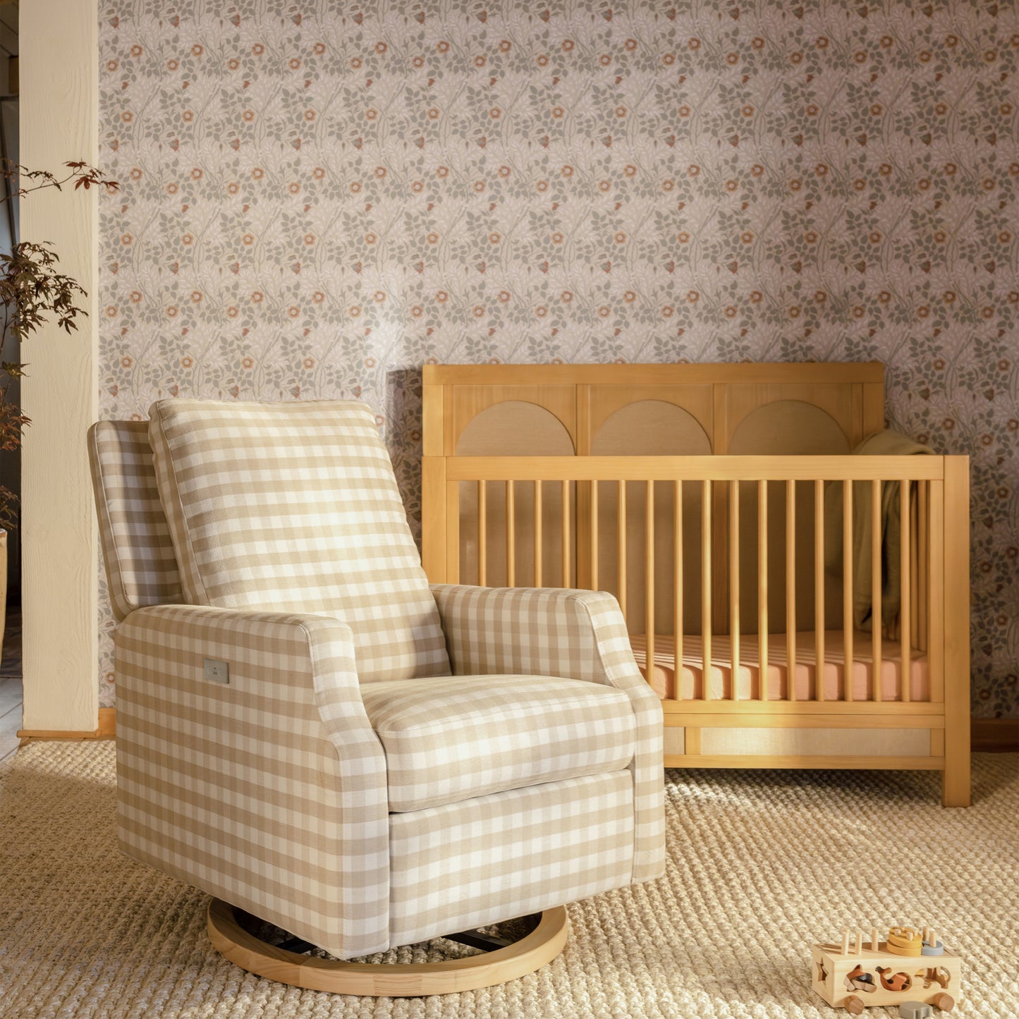 M22286TGHLB,Namesake,Crewe Electronic Swivel Glider Recliner in Tan Gingham with Light Wood Base