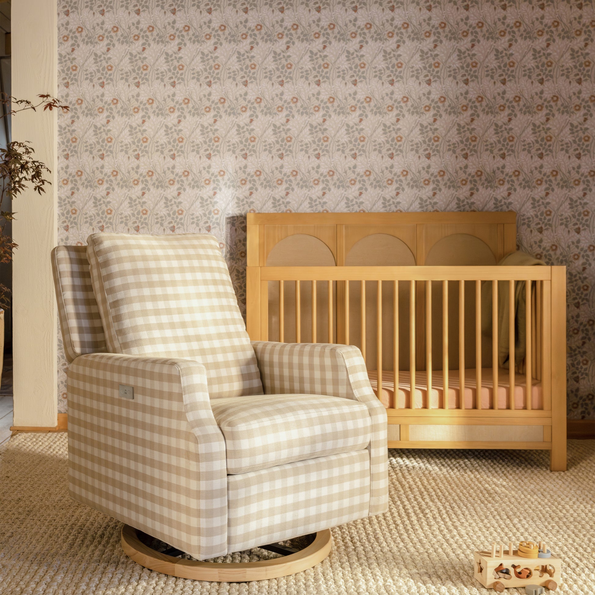 M22286TGHLB,Namesake,Crewe Electronic Swivel Glider Recliner in Tan Gingham with Light Wood Base