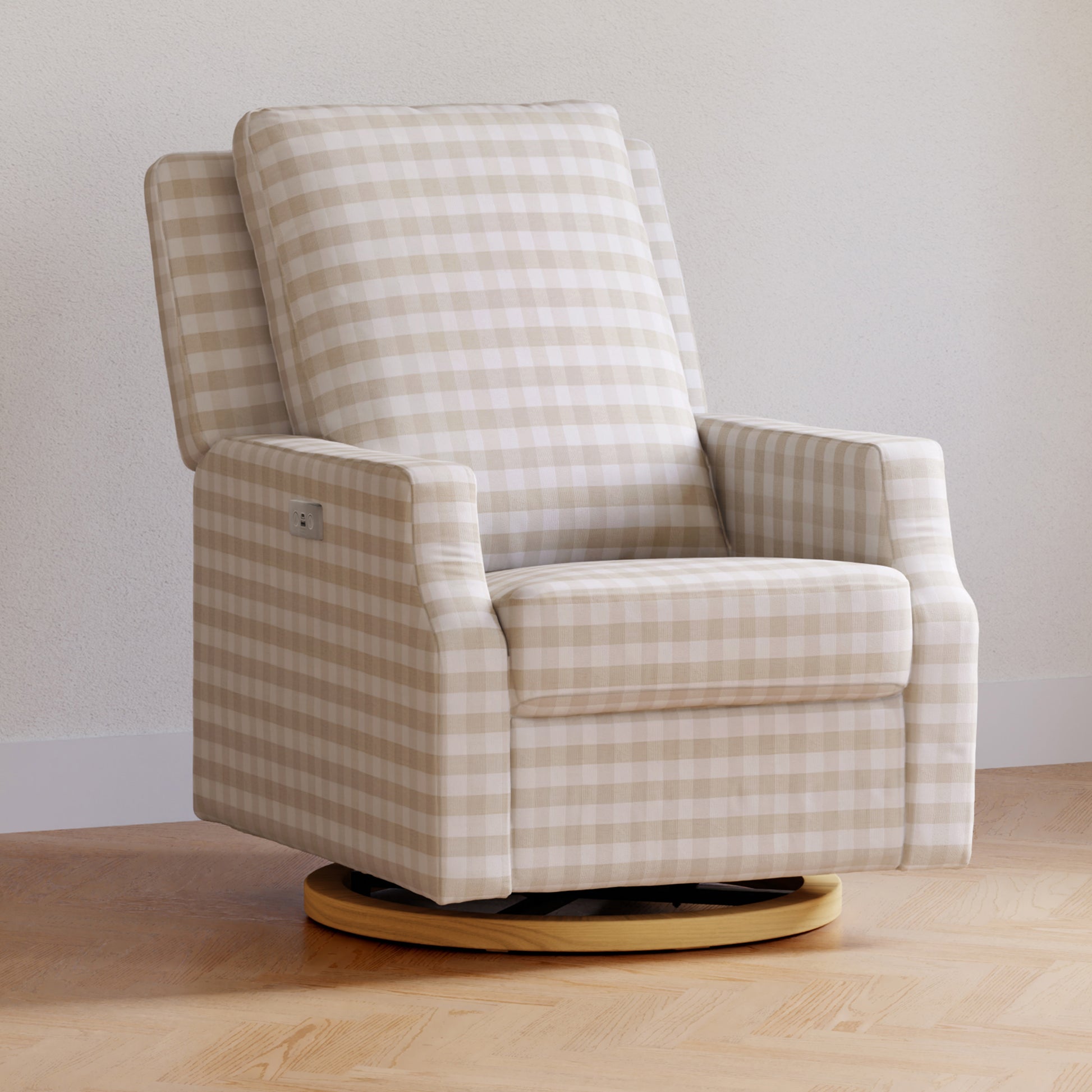 M22286TGHLB,Namesake,Crewe Electronic Swivel Glider Recliner in Tan Gingham with Light Wood Base