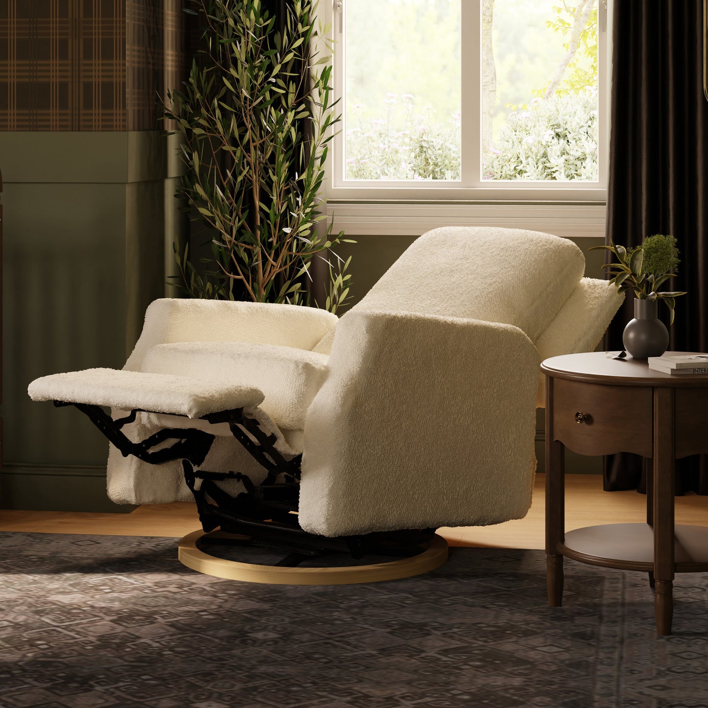 M22286WBLB,Namesake,Crewe Electronic Swivel Glider Recliner in Ivory Boucle w/Light Wood Base