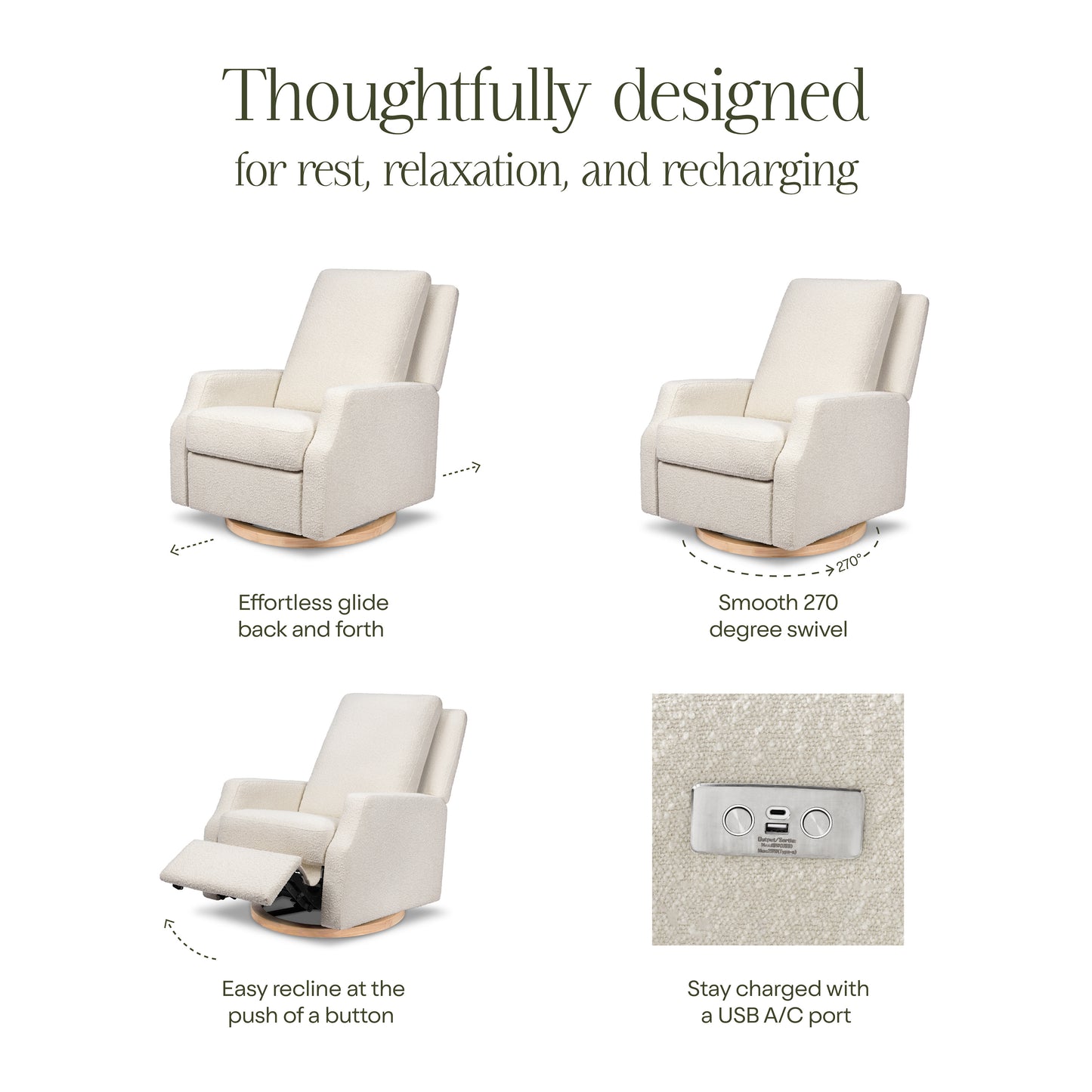 M22286WBLB,Namesake,Crewe Electronic Swivel Glider Recliner in Ivory Boucle w/Light Wood Base
