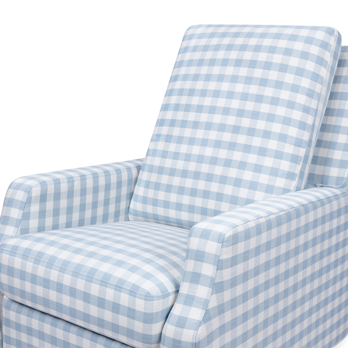 M22287BGHLB,Namesake,Crewe Recliner and Swivel Glider in Blue Gingham with Light Wood Base