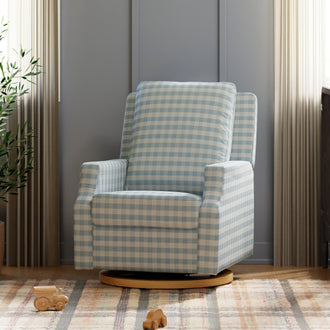 M22287BGHLB,Namesake,Crewe Recliner and Swivel Glider in Blue Gingham with Light Wood Base