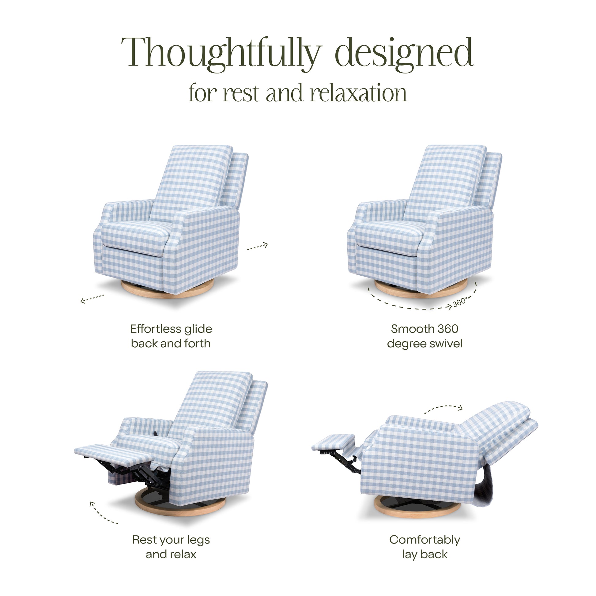M22287BGHLB,Namesake,Crewe Recliner and Swivel Glider in Blue Gingham with Light Wood Base