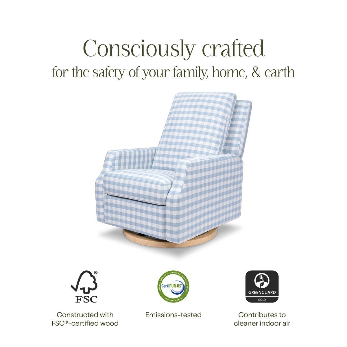 M22287BGHLB,Namesake,Crewe Recliner and Swivel Glider in Blue Gingham with Light Wood Base