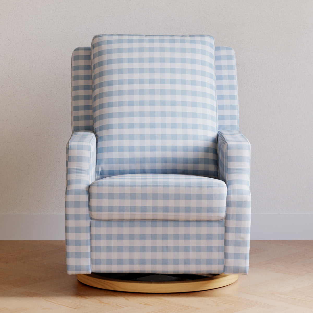 M22287BGHLB,Namesake,Crewe Recliner and Swivel Glider in Blue Gingham with Light Wood Base