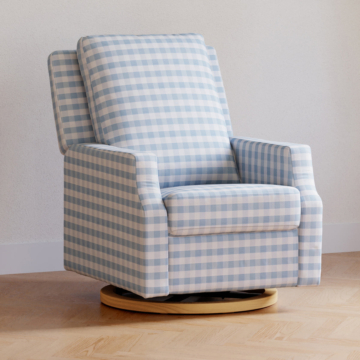 M22287BGHLB,Namesake,Crewe Recliner and Swivel Glider in Blue Gingham with Light Wood Base