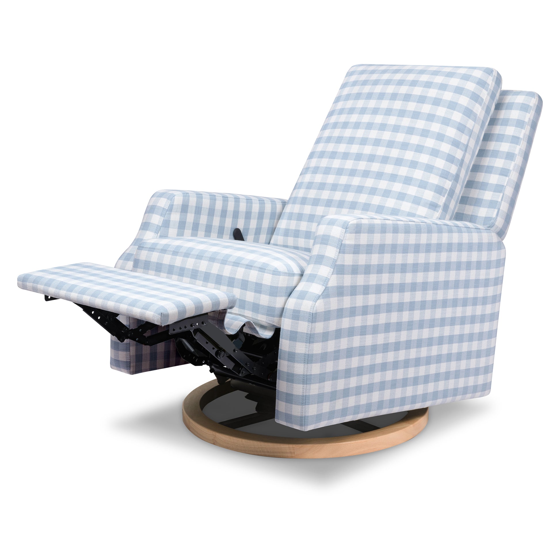 M22287BGHLB,Namesake,Crewe Recliner and Swivel Glider in Blue Gingham with Light Wood Base