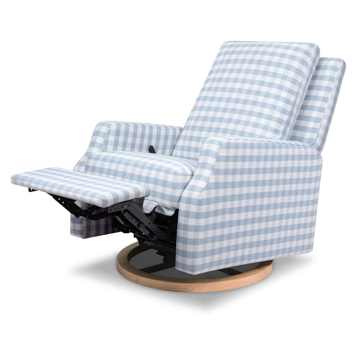 M22287BGHLB,Namesake,Crewe Recliner and Swivel Glider in Blue Gingham with Light Wood Base