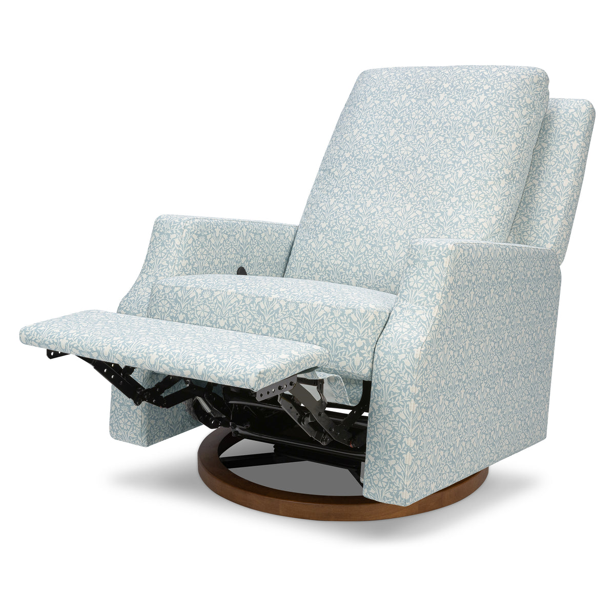 M22287BPBDB,Namesake,Morris & Co. x Namesake Crewe Recliner & Glider in Bellflowers in Powdered Blue w/Dark Wood Base