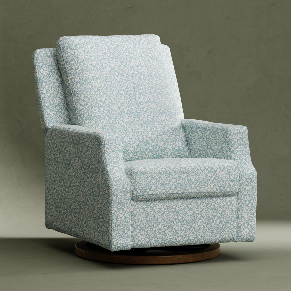 M22287BPBDB,Namesake,Morris & Co. x Namesake Crewe Recliner & Glider in Bellflowers in Powdered Blue w/Dark Wood Base