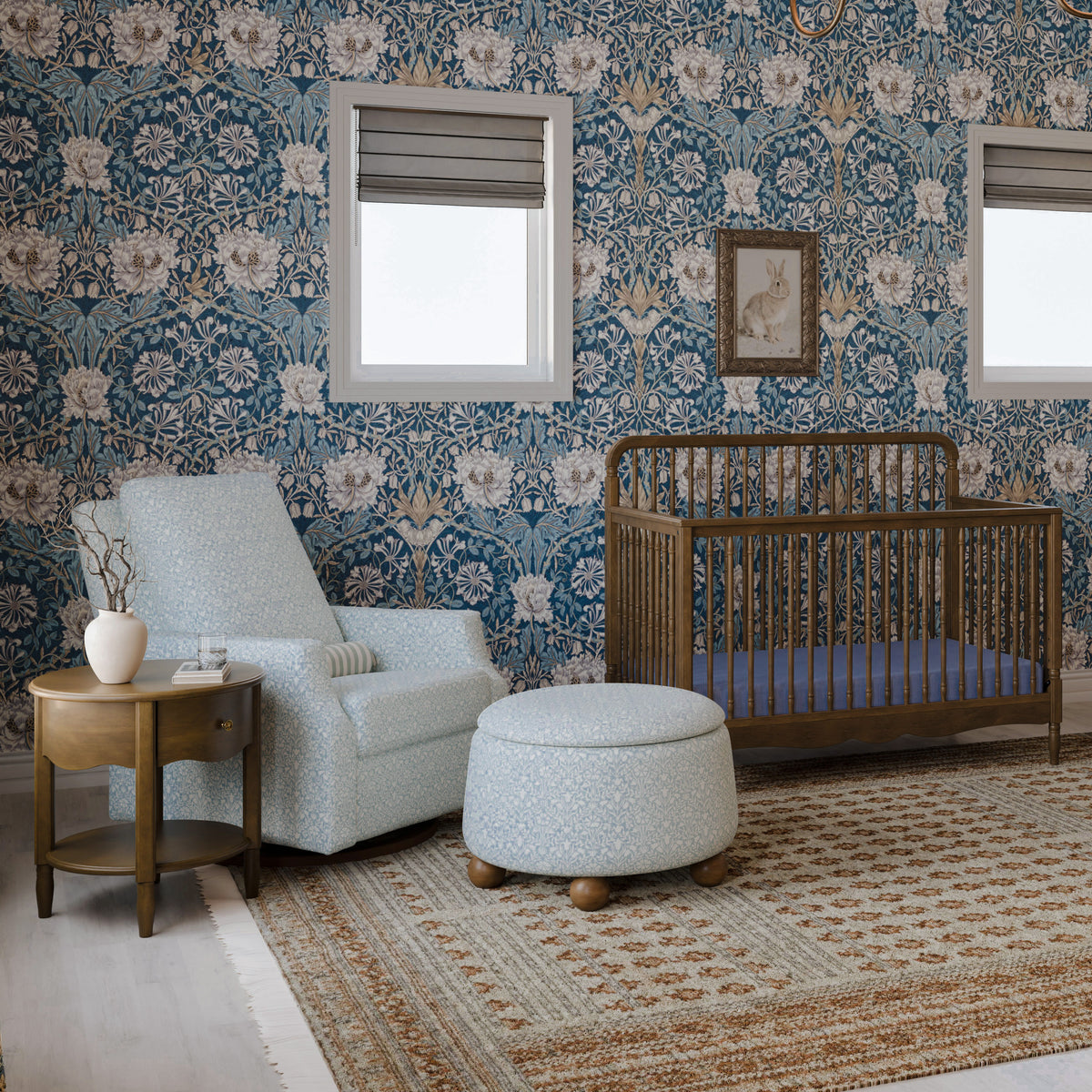 M22287BPBDB,Namesake,Morris & Co. x Namesake Crewe Recliner & Glider in Bellflowers in Powdered Blue w/Dark Wood Base