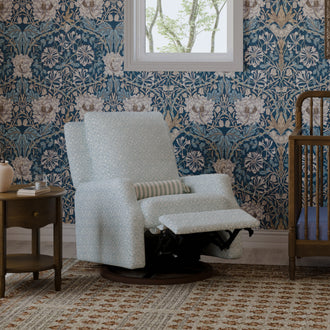M22287BPBDB,Namesake,Morris & Co. x Namesake Crewe Recliner & Glider in Bellflowers in Powdered Blue w/Dark Wood Base