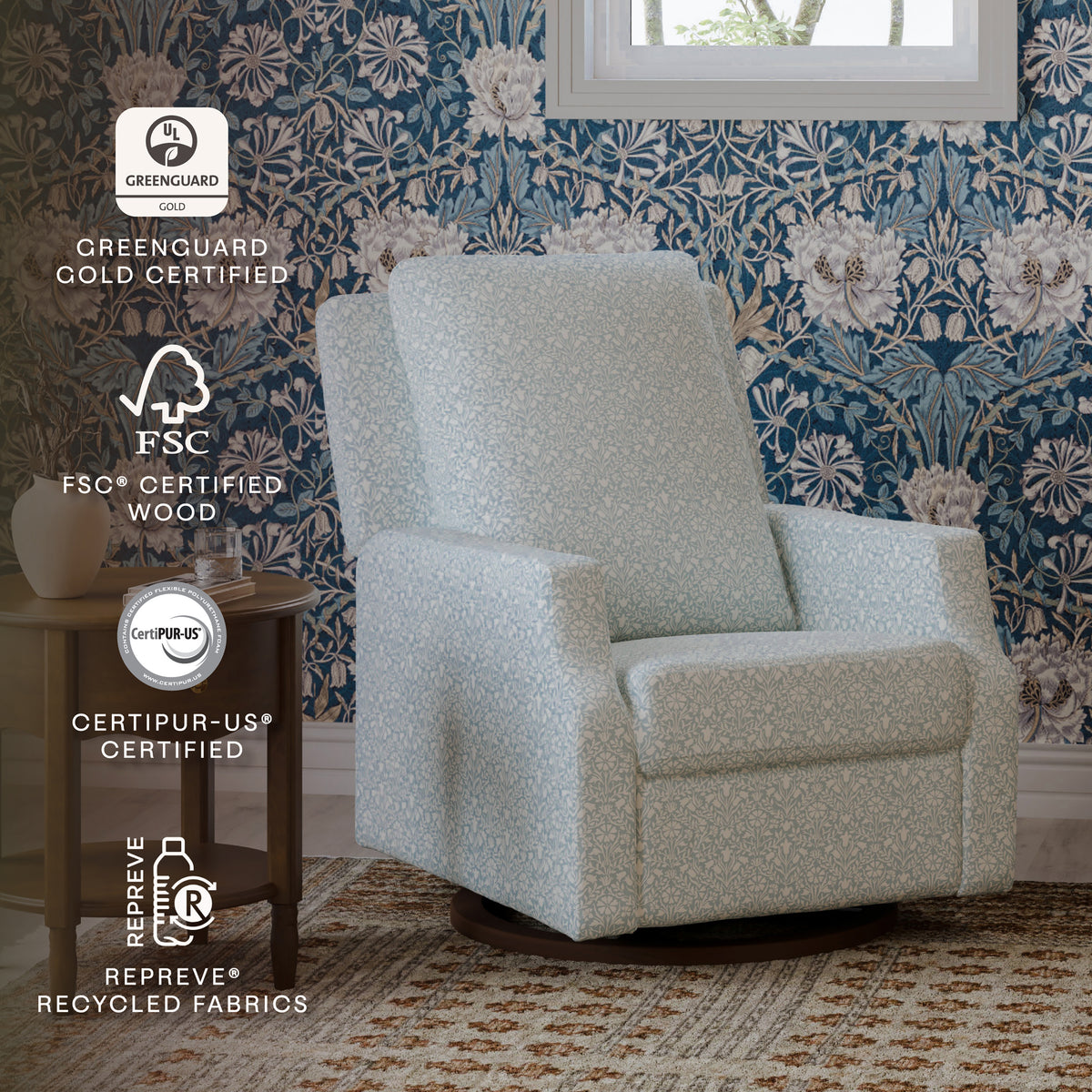 M22287BPBDB,Namesake,Morris & Co. x Namesake Crewe Recliner & Glider in Bellflowers in Powdered Blue w/Dark Wood Base
