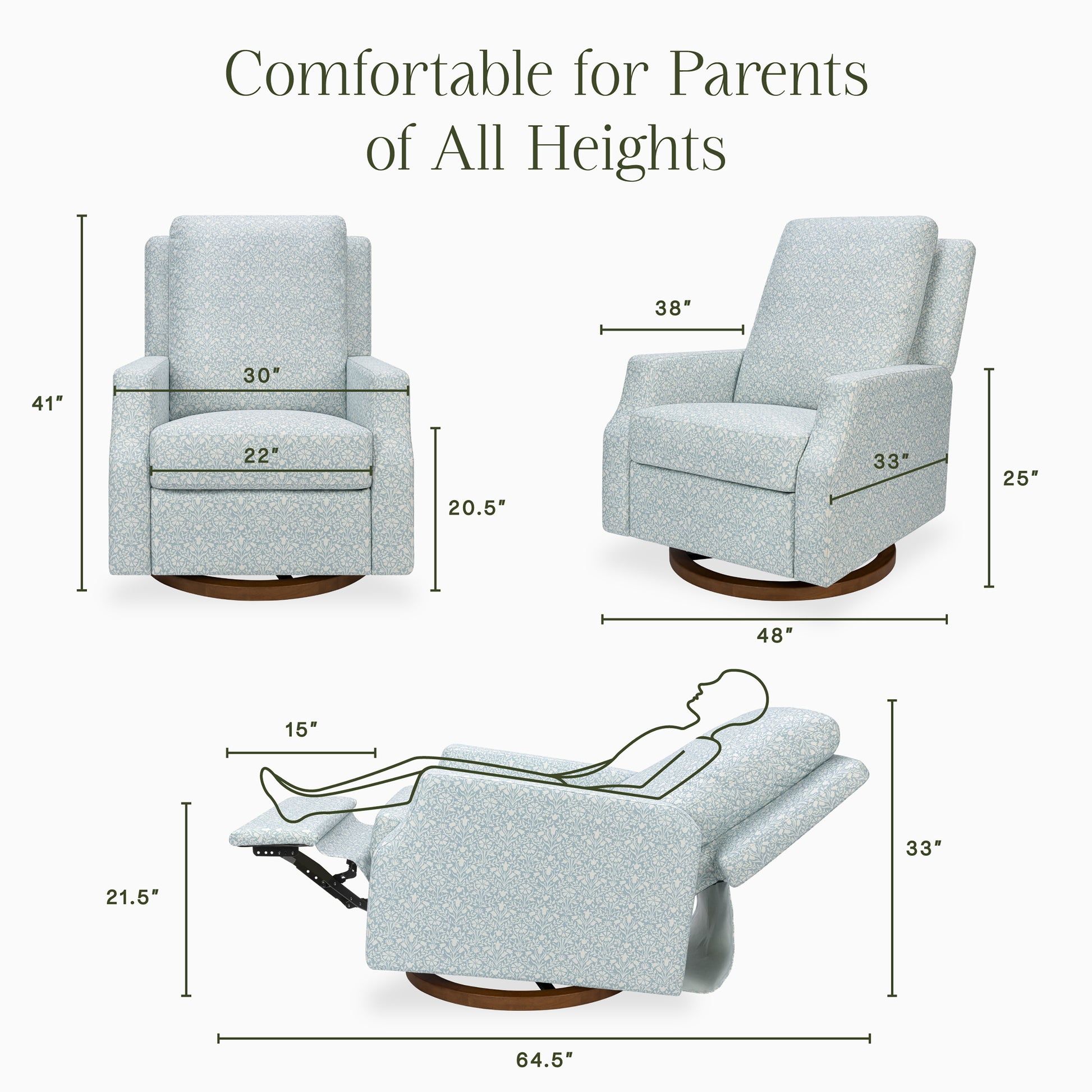 M22287BPBDB,Namesake,Morris & Co. x Namesake Crewe Recliner & Glider in Bellflowers in Powdered Blue w/Dark Wood Base