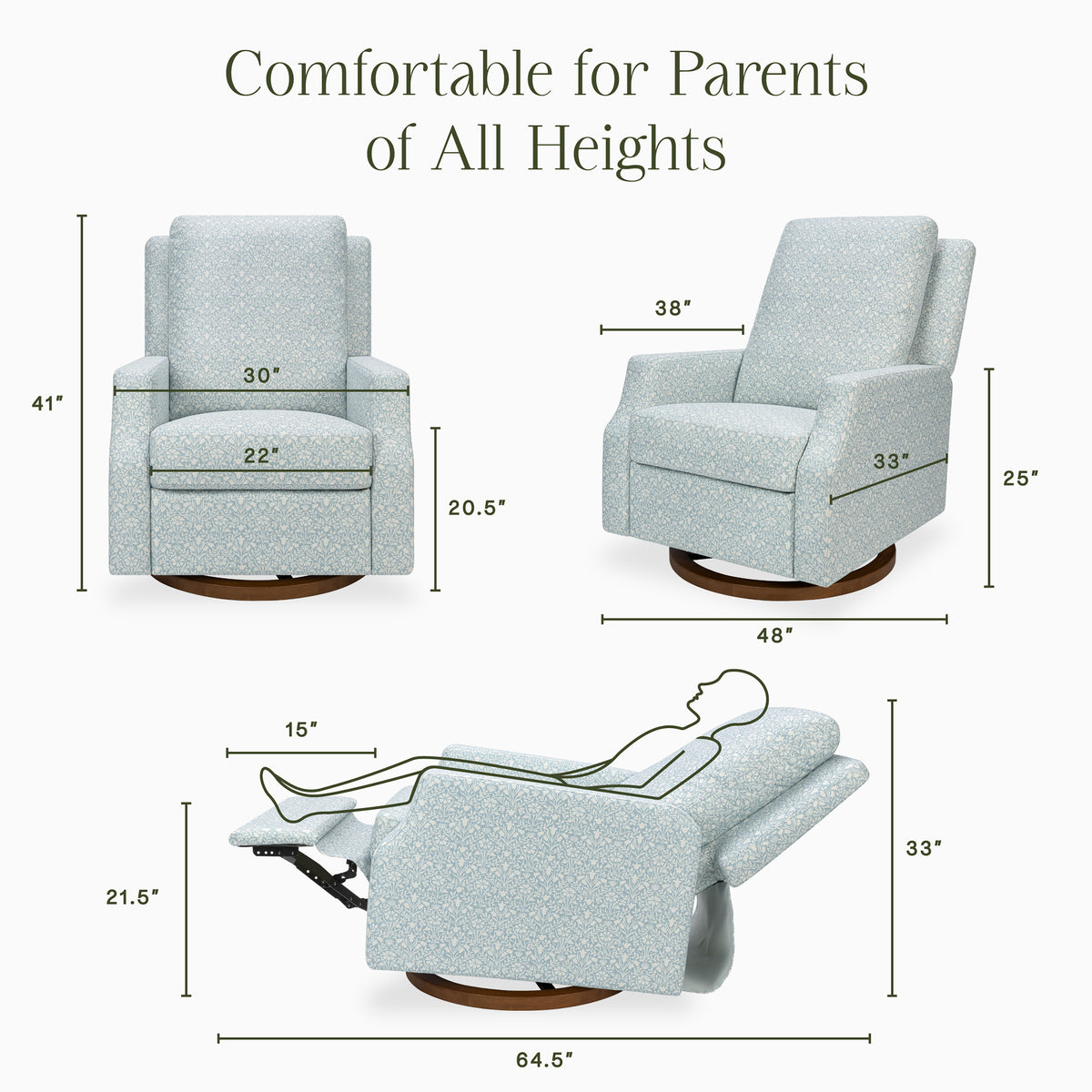 M22287BPBDB,Namesake,Morris & Co. x Namesake Crewe Recliner & Glider in Bellflowers in Powdered Blue w/Dark Wood Base