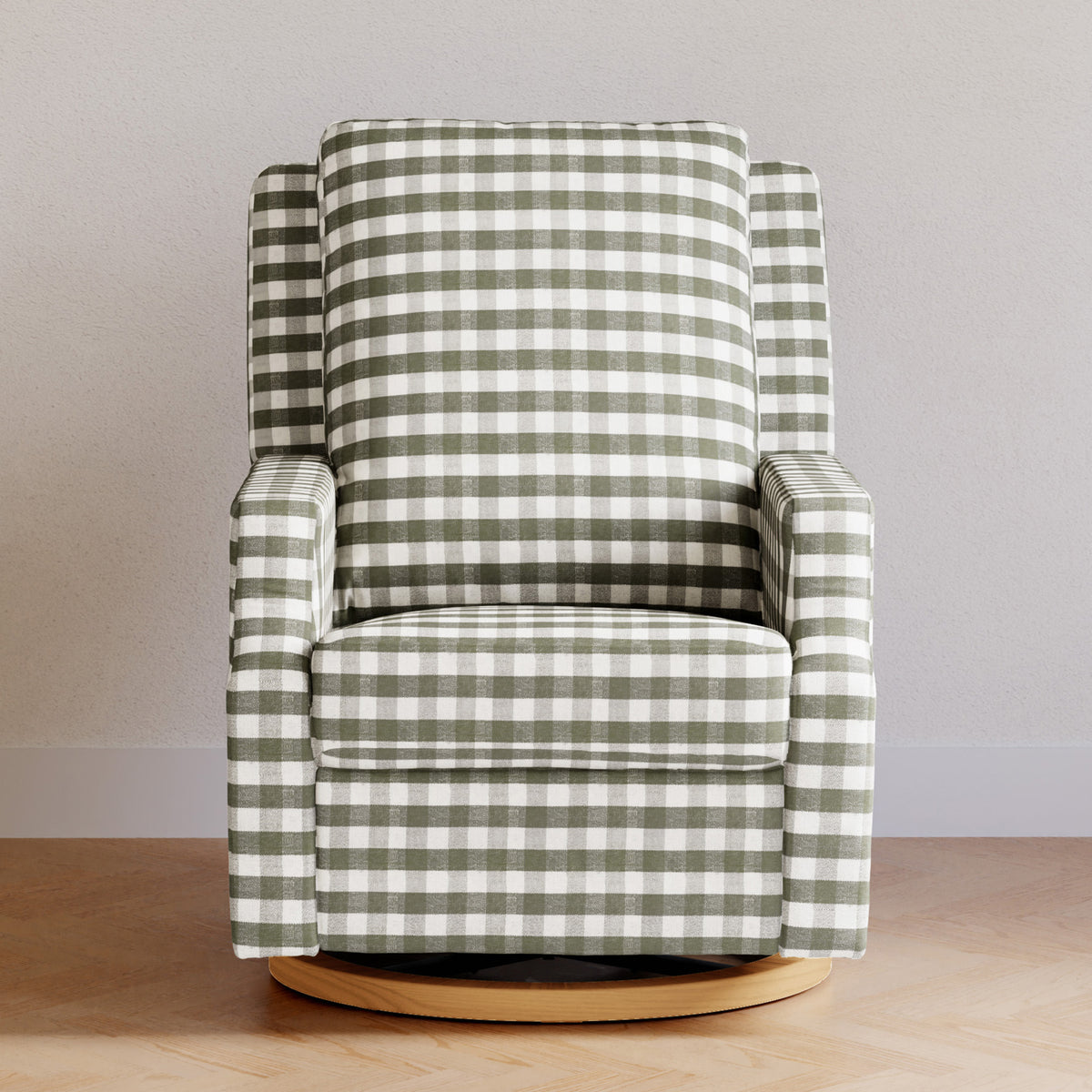 M22287GGHLB,Namesake,Crewe Recliner and Swivel Glider in Moss Green Gingham with Light Wood Base