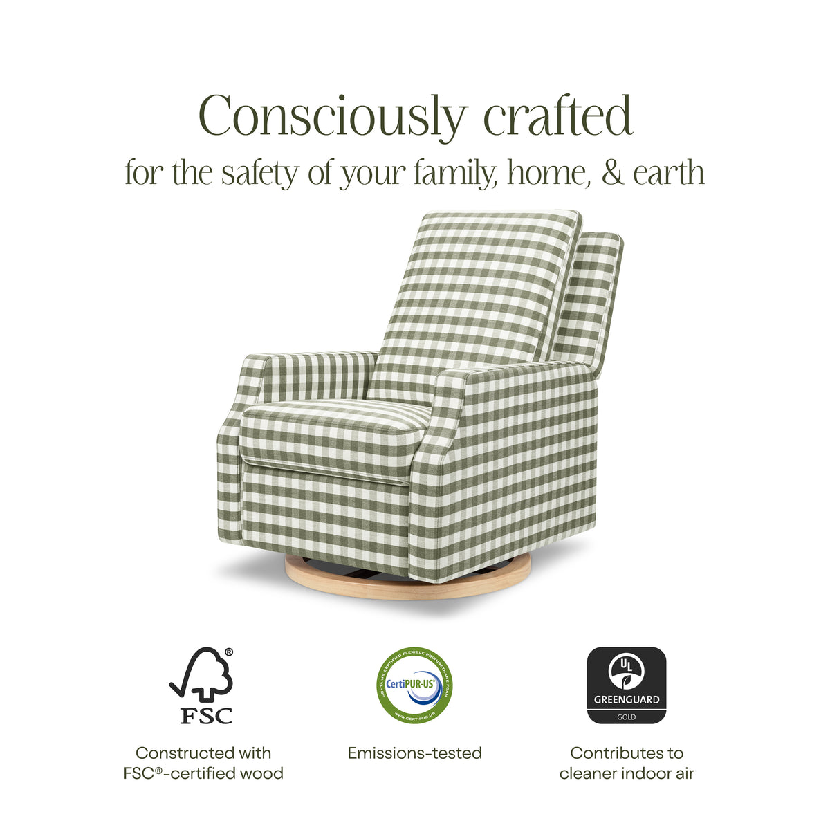 M22287GGHLB,Namesake,Crewe Recliner and Swivel Glider in Moss Green Gingham with Light Wood Base
