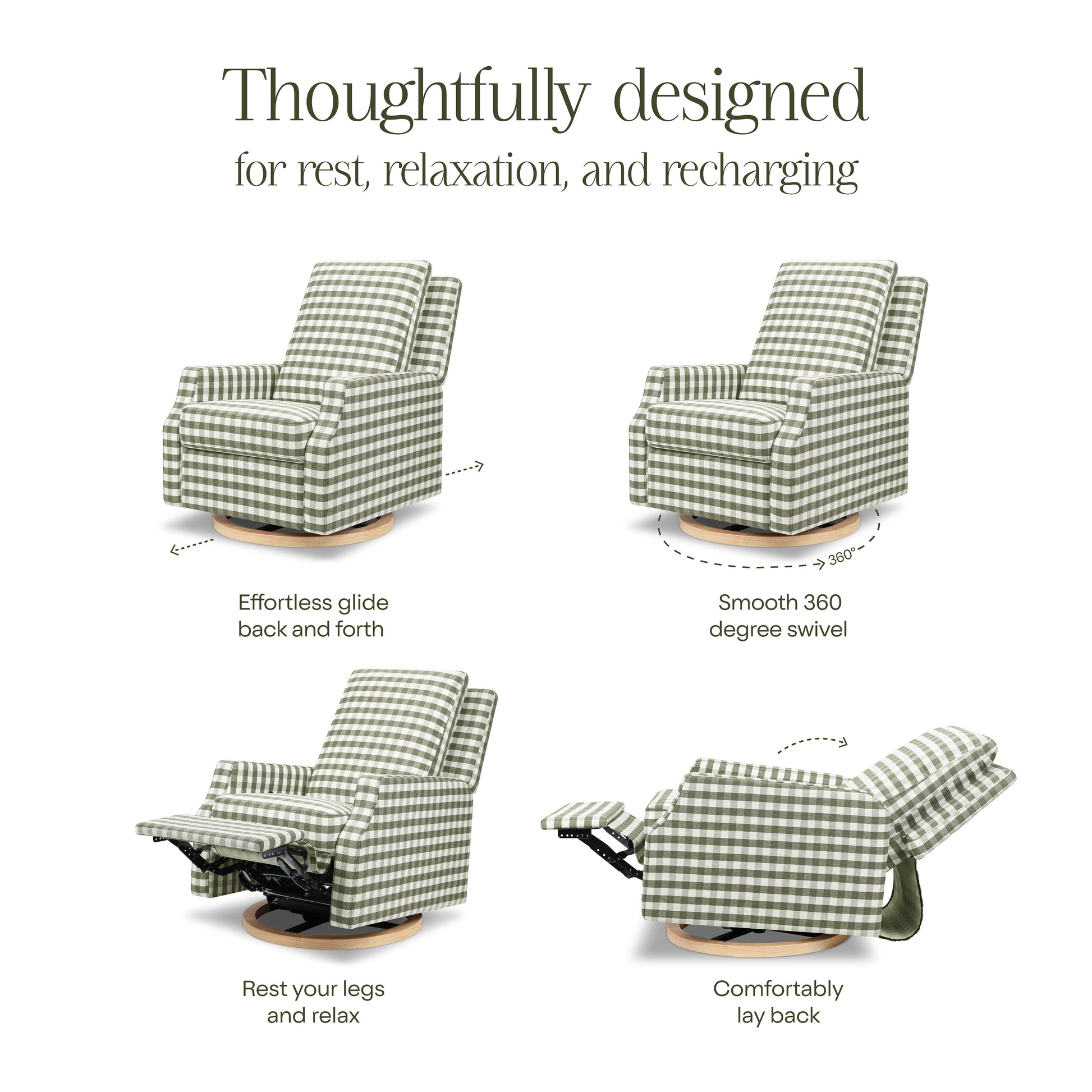 M22287GGHLB,Namesake,Crewe Recliner and Swivel Glider in Moss Green Gingham with Light Wood Base