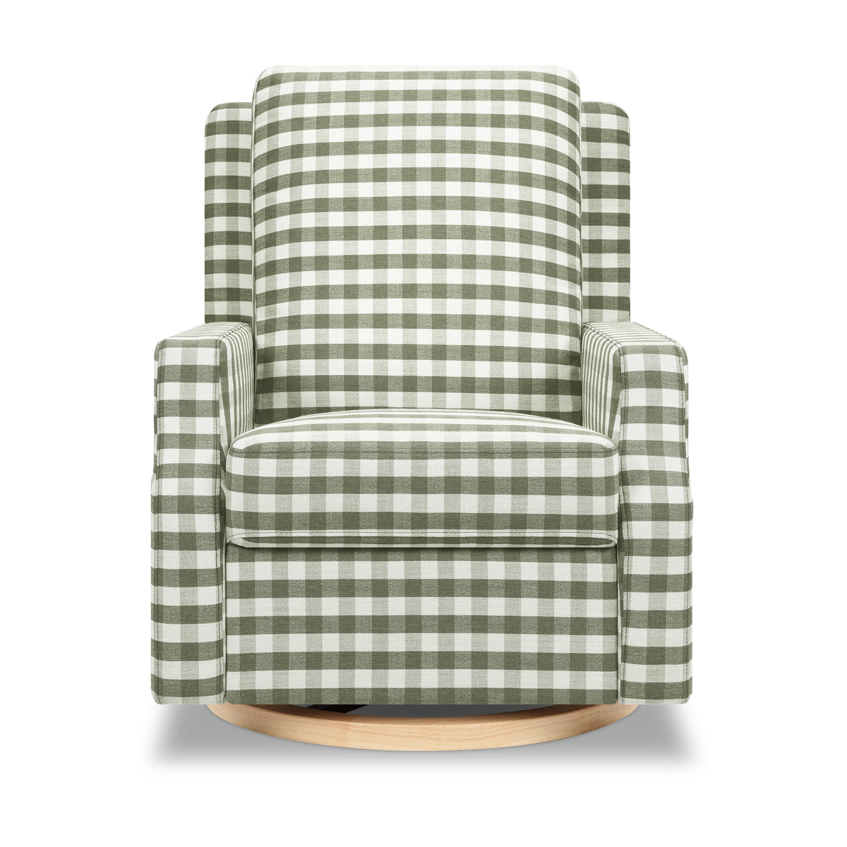 M22287GGHLB,Namesake,Crewe Recliner and Swivel Glider in Moss Green Gingham with Light Wood Base