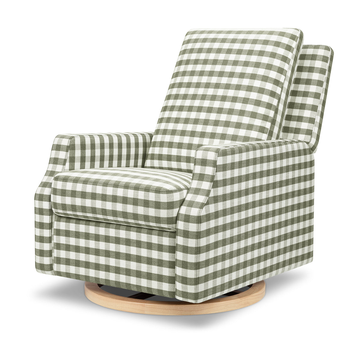M22287GGHLB,Namesake,Crewe Recliner and Swivel Glider in Moss Green Gingham with Light Wood Base