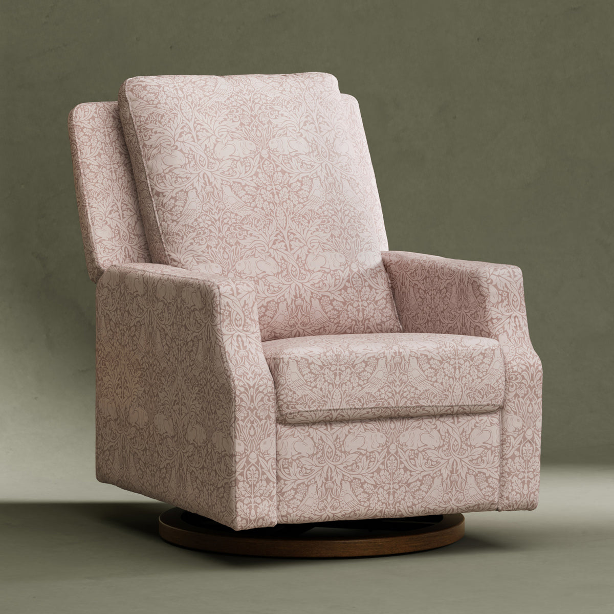 M22287PBRRDB,Namesake,Morris & Co. x Namesake Crewe Recliner & Glider in Pure Brer Rabbit in Rose w/Dark Wood Base