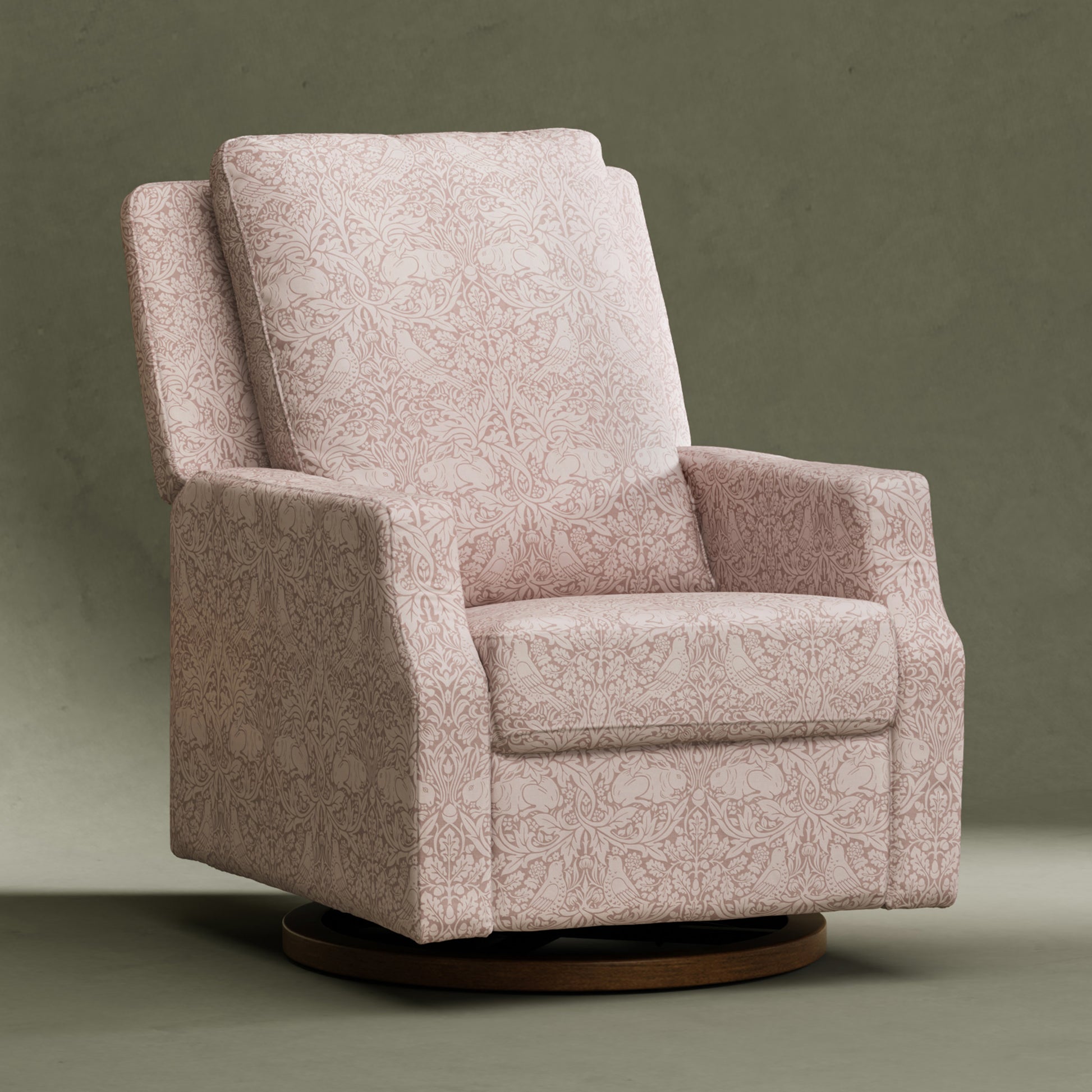 M22287PBRRDB,Namesake,Morris & Co. x Namesake Crewe Recliner & Glider in Pure Brer Rabbit in Rose w/Dark Wood Base