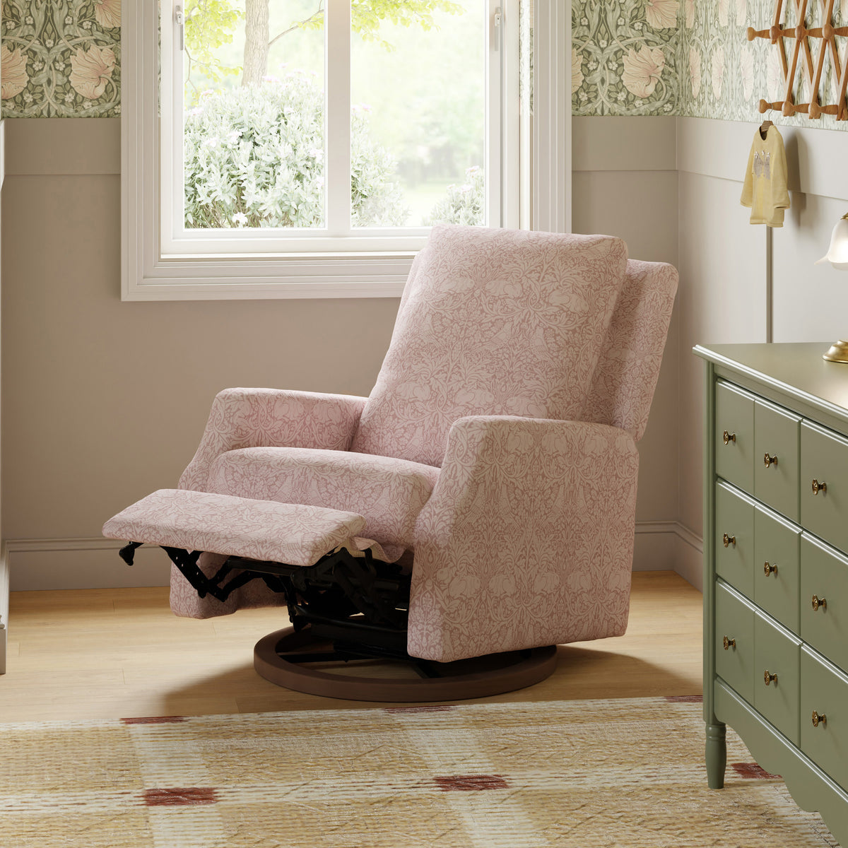 M22287PBRRDB,Namesake,Morris & Co. x Namesake Crewe Recliner & Glider in Pure Brer Rabbit in Rose w/Dark Wood Base