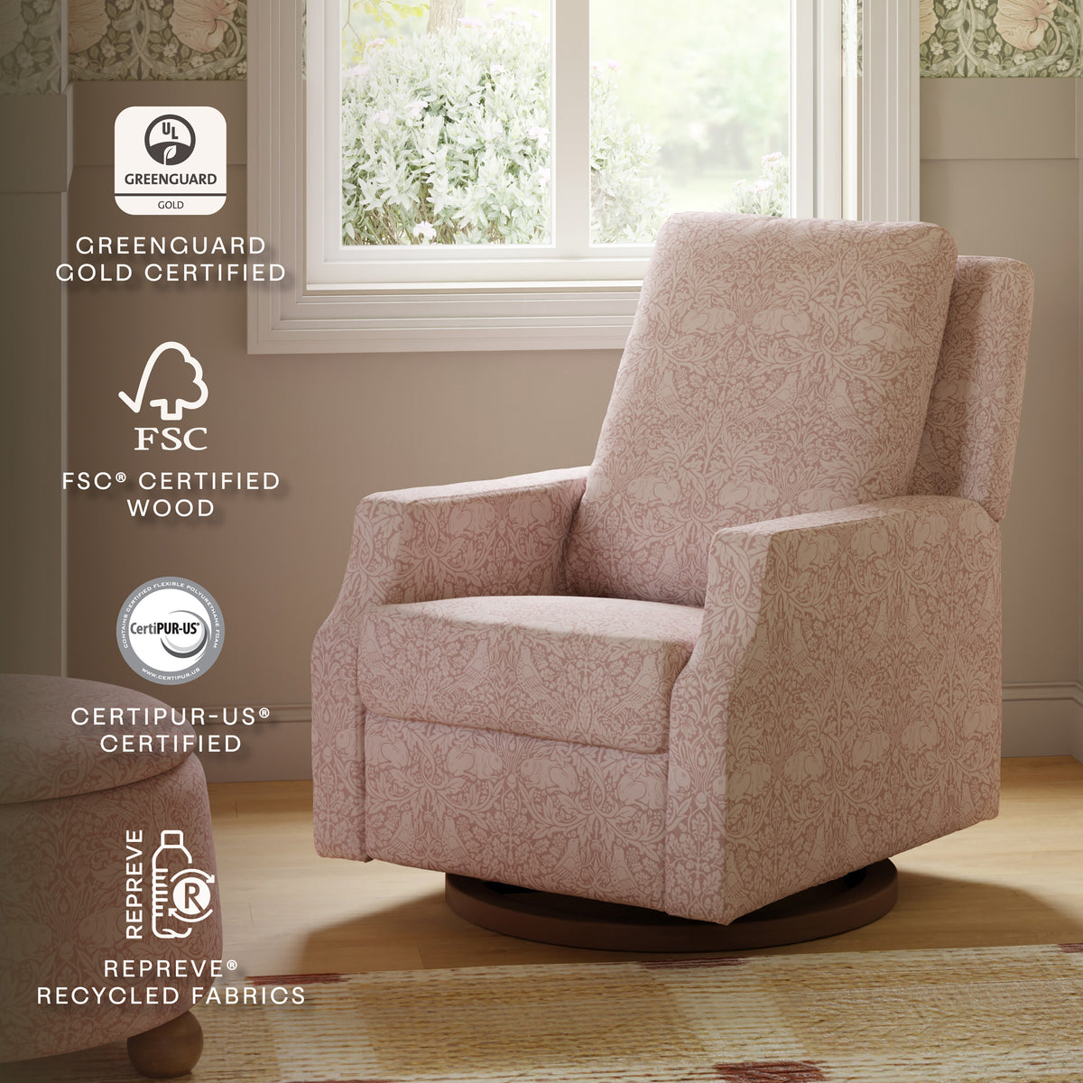 M22287PBRRDB,Namesake,Morris & Co. x Namesake Crewe Recliner & Glider in Pure Brer Rabbit in Rose w/Dark Wood Base