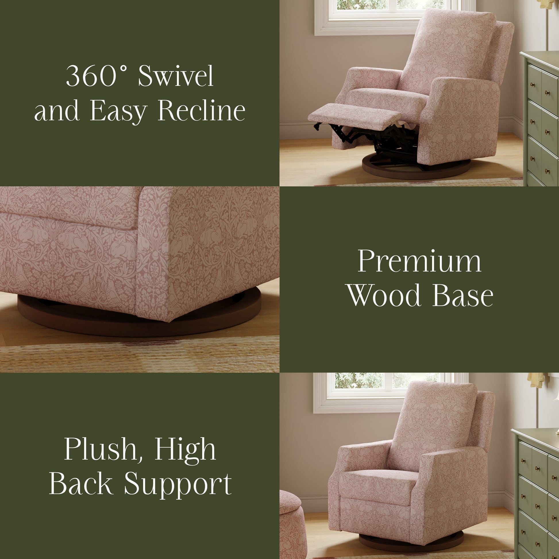 M22287PBRRDB,Namesake,Morris & Co. x Namesake Crewe Recliner & Glider in Pure Brer Rabbit in Rose w/Dark Wood Base
