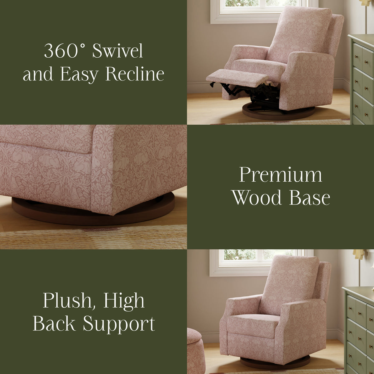 M22287PBRRDB,Namesake,Morris & Co. x Namesake Crewe Recliner & Glider in Pure Brer Rabbit in Rose w/Dark Wood Base