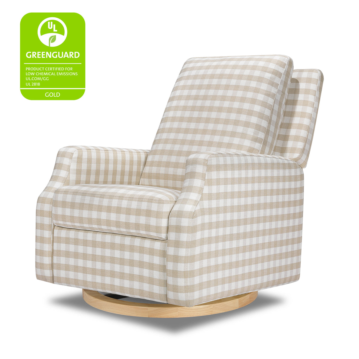 M22287TGHLB,Namesake,Crewe Recliner and Swivel Glider in Tan Gingham with Light Wood Base