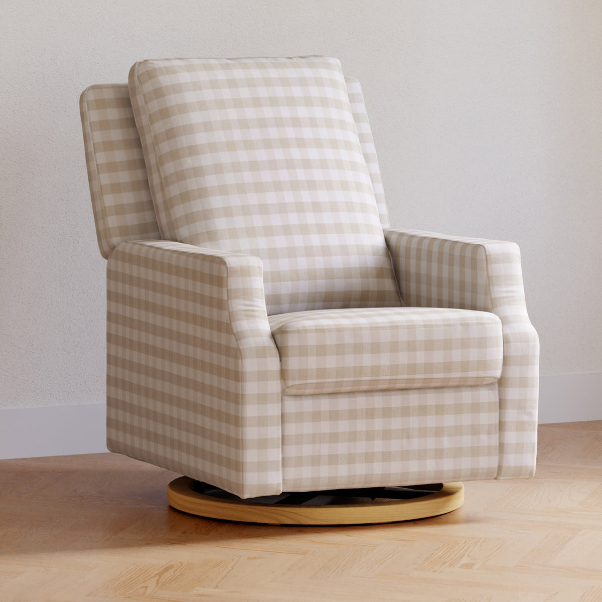 M22287TGHLB,Namesake,Crewe Recliner and Swivel Glider in Tan Gingham with Light Wood Base