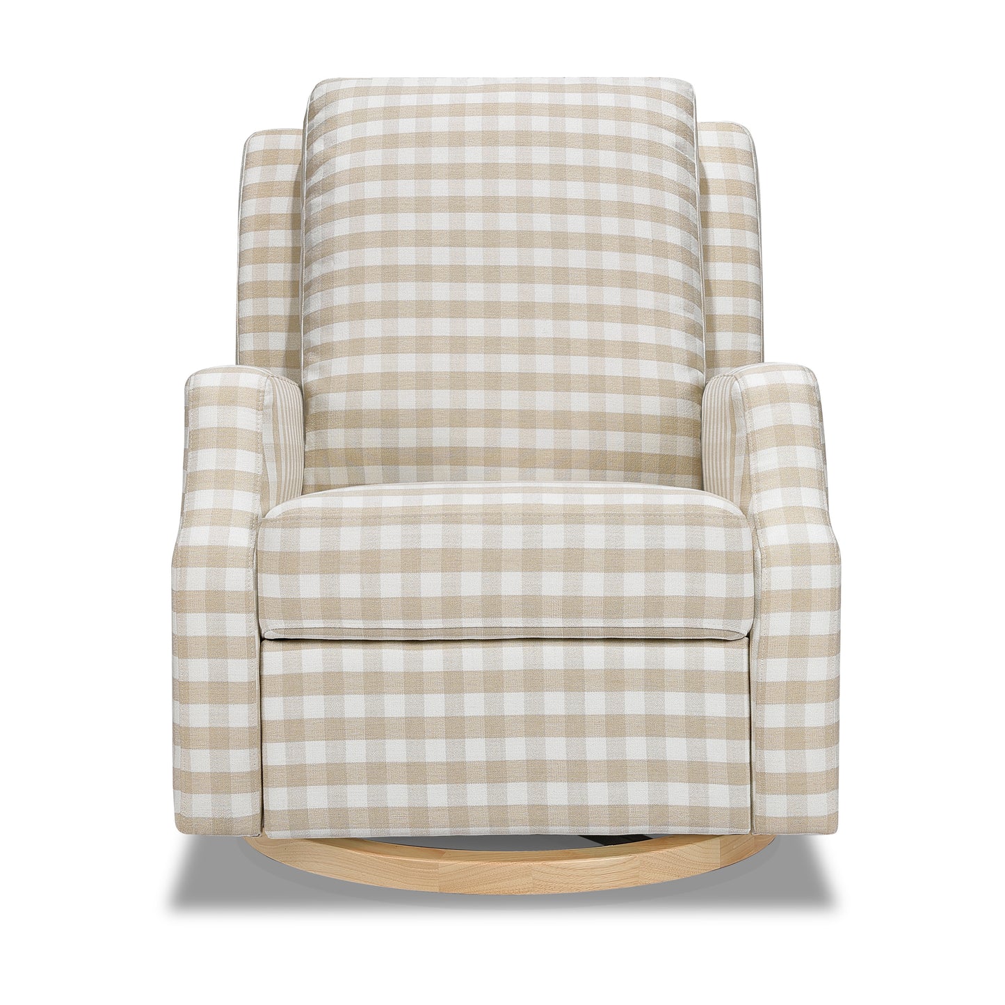 M22287TGHLB,Namesake,Crewe Recliner and Swivel Glider in Tan Gingham with Light Wood Base