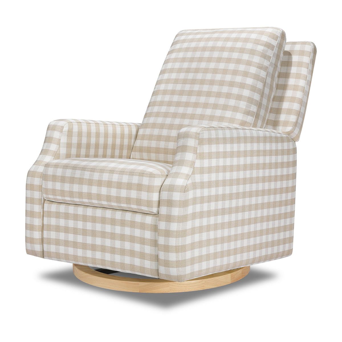 M22287TGHLB,Namesake,Crewe Recliner and Swivel Glider in Tan Gingham with Light Wood Base