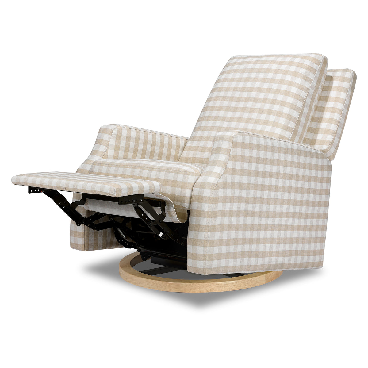 M22287TGHLB,Namesake,Crewe Recliner and Swivel Glider in Tan Gingham with Light Wood Base