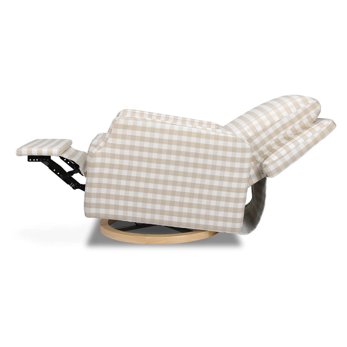 M22287TGHLB,Namesake,Crewe Recliner and Swivel Glider in Tan Gingham with Light Wood Base
