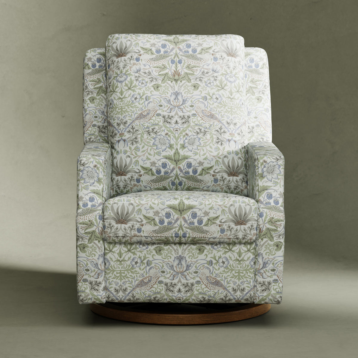 M22287TTFTDB,Namesake,Morris & Co. x Namesake Crewe Recliner & Glider in Strawberry Thief in Fig &Thyme w/Dark Wood Base